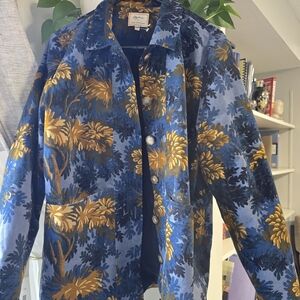 Vintage-Inspired Blue & Gold Floral Velvet Jacket
